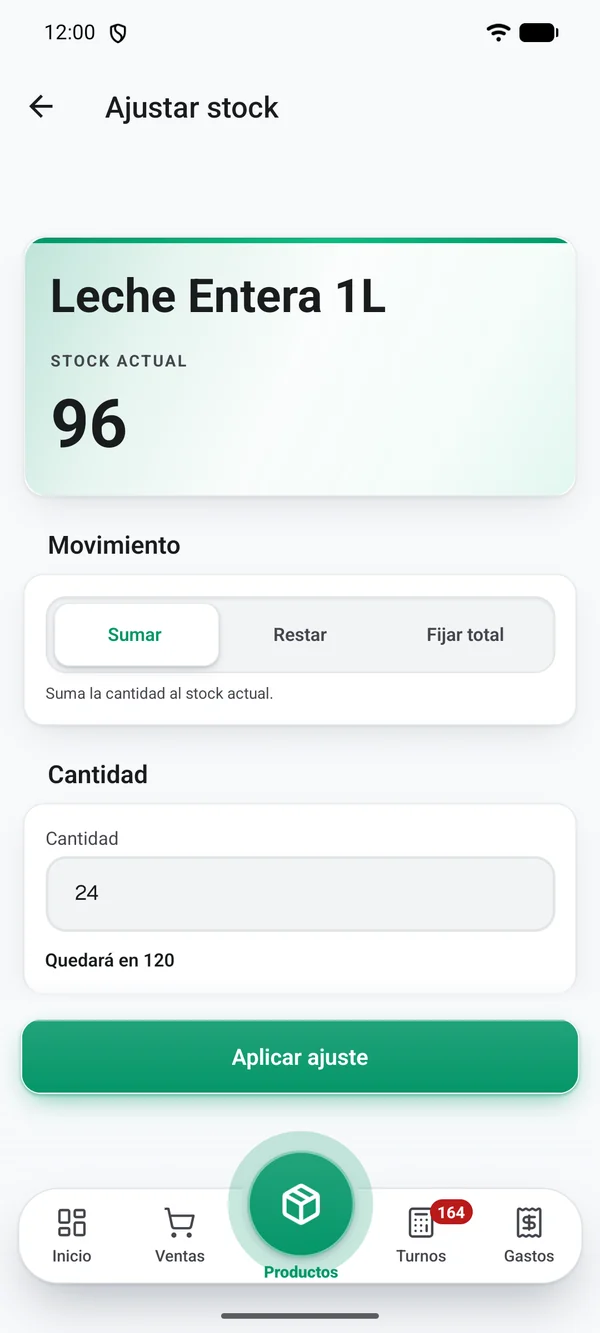 App móvil de Vendra: ajuste de stock de Leche Entera 1L, de 96 a 120 unidades.