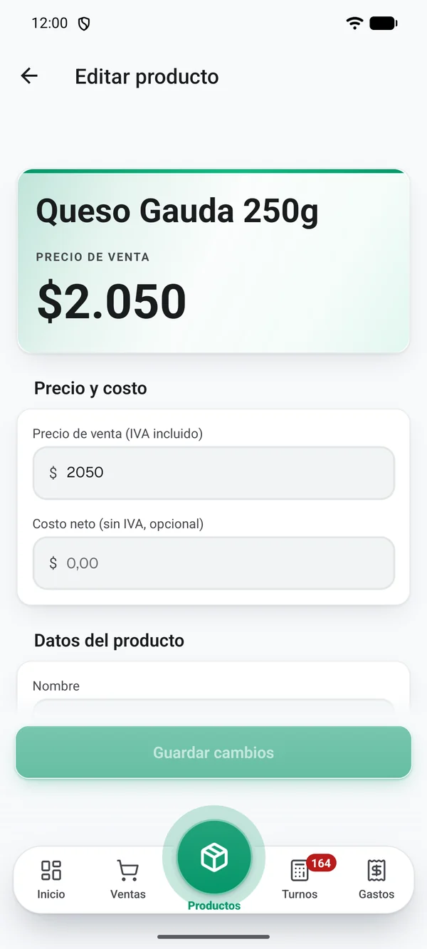 App móvil de Vendra: edición del producto Queso Gauda 250g con su precio de venta.