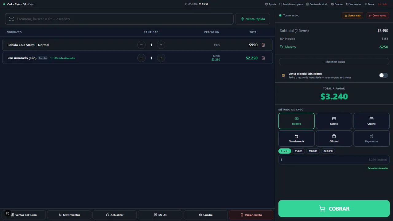 Terminal de Venta de Vendra: carrito con Bebida Cola y Pan Amasado (con 10% de descuento aplicado automáticamente), IVA incluido, total a pagar $3.240 y método de pago Efectivo seleccionado.